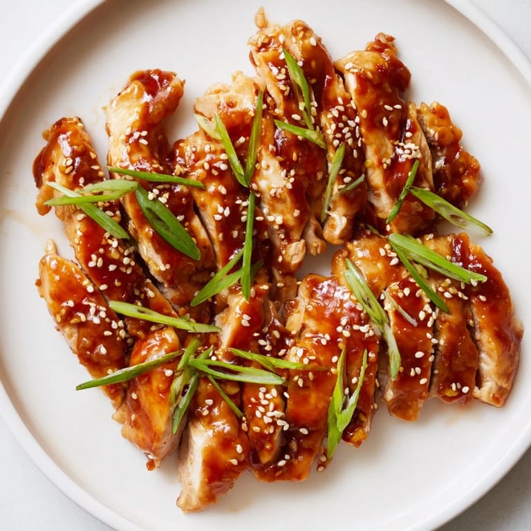 Perfectly cooked, coated Sriracha Honey Chicken, ready to be served over fluffy jasmine rice for dinner tonight.