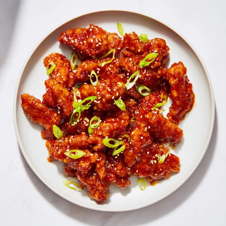 Close-up of golden brown Sriracha Honey Chicken, topped with fresh green onions and sesame seeds.