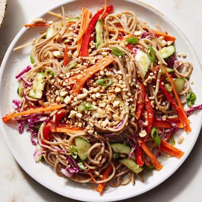 Freshly tossed Cold Noodle Salad with ribbons of red pepper and cilantro, ready for a light Asian meal.
