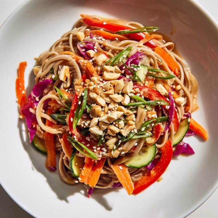Beautiful bowl of Cold Noodle Salad with sesame-ginger dressing, garnished with peanuts and seeds.