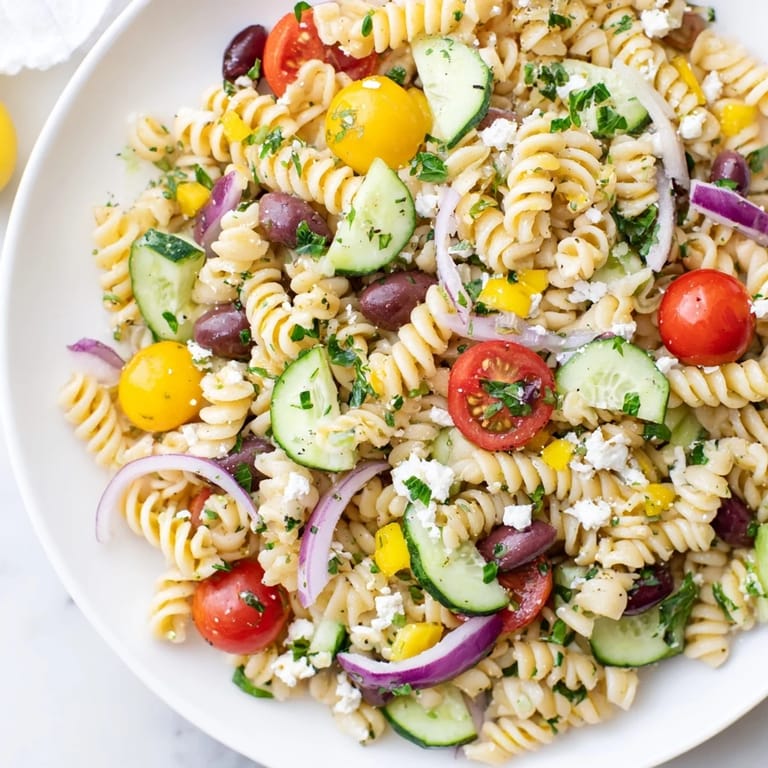 This refreshing bowl of Lemon Pasta Salad includes al dente pasta, tossed in a bright lemon dressing.