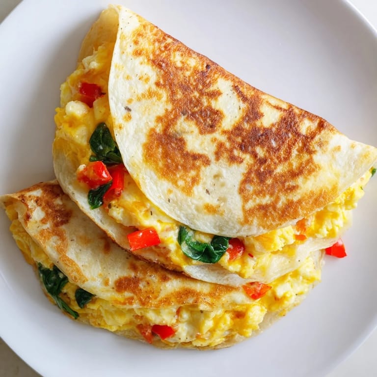 Folded tortilla filled with cooked eggs and cheese creates a perfect, crispy Breakfast Quesadilla.