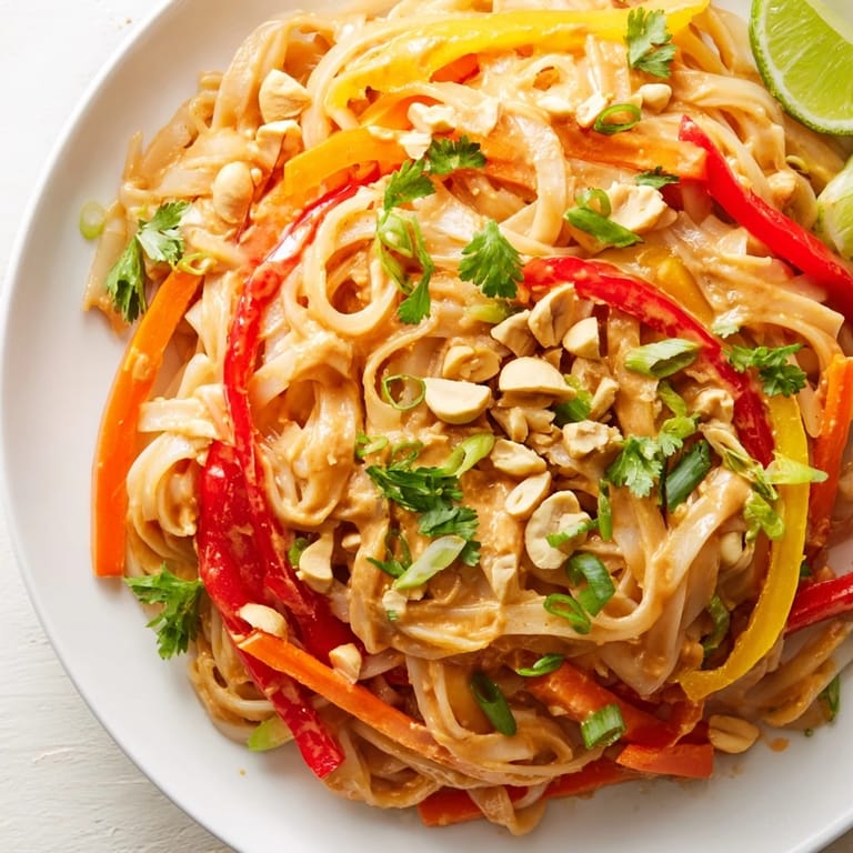 A close-up of delicious Spicy Peanut Noodles tossed with a rich, creamy, and flavorful sauce.