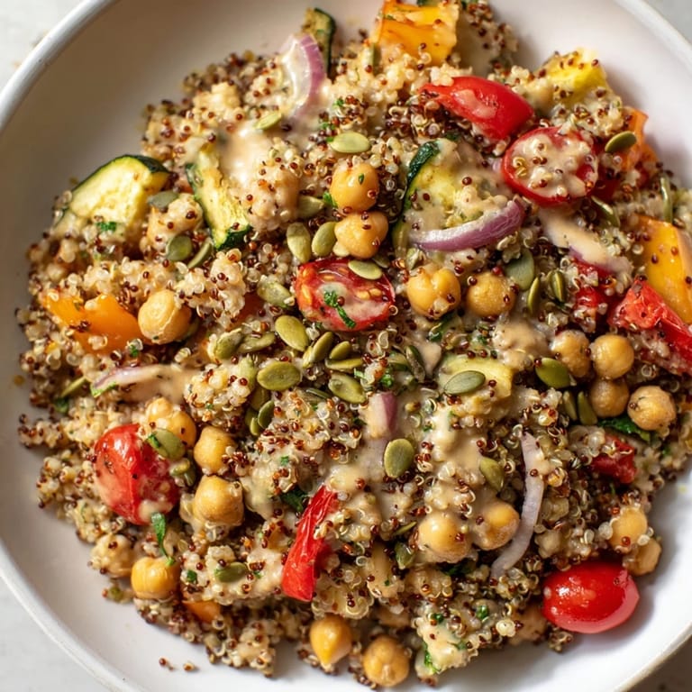This quinoa power protein salad showcases tender chickpeas and fresh spinach, perfect for lunch or dinner.