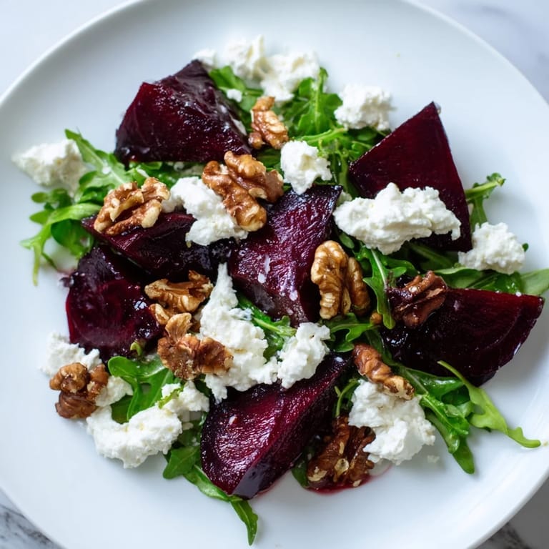 Close-up of a colorful Roasted Beet Walnut Salad with candied walnuts and arugula, ready to eat.