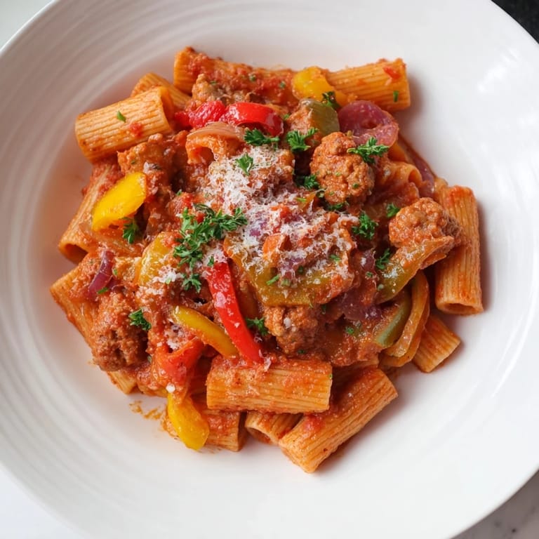 Enjoy a comforting plate of sausage and peppers pasta, a classic Italian-American family meal.
