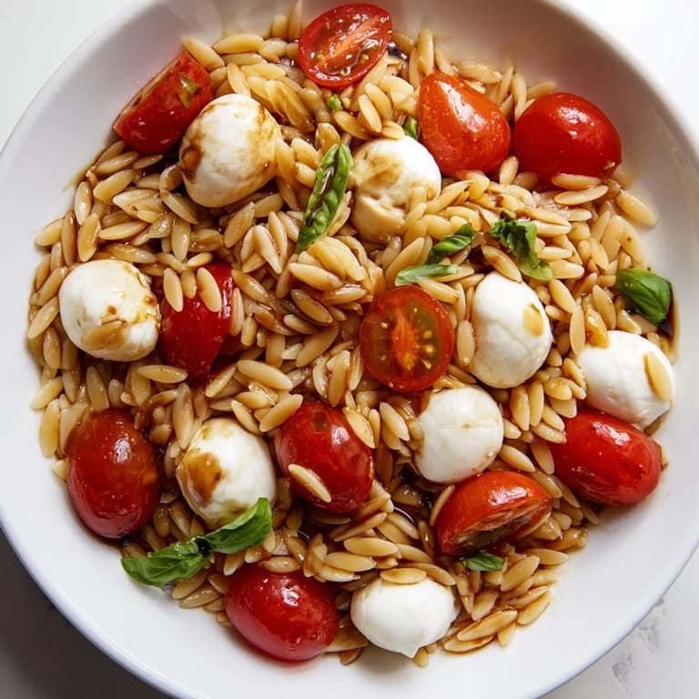 A refreshing bowl of Caprese Orzo Salad, with colorful tomatoes and fresh basil, ready to enjoy.