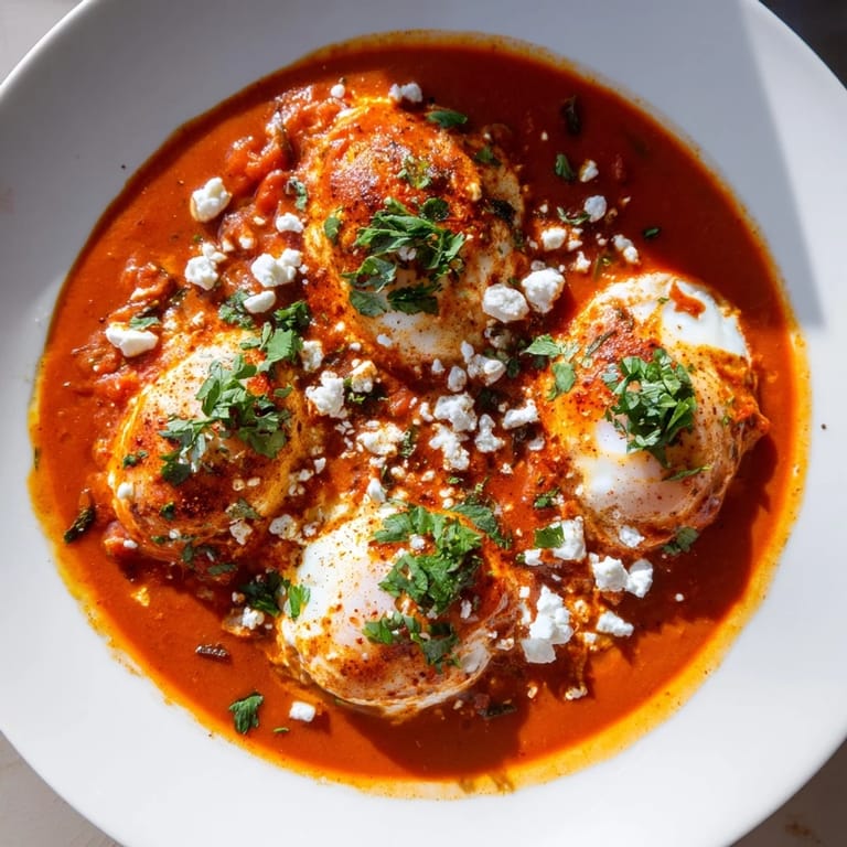 A skillet of simmering Israeli Shakshuka, the vibrant tomato sauce enveloping poached eggs perfectly.