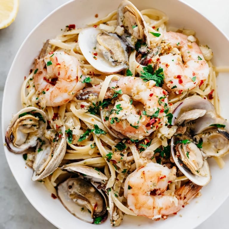 This colorful seafood linguine showcases succulent shrimp, perfect pasta, and vibrant lemon garnish.
