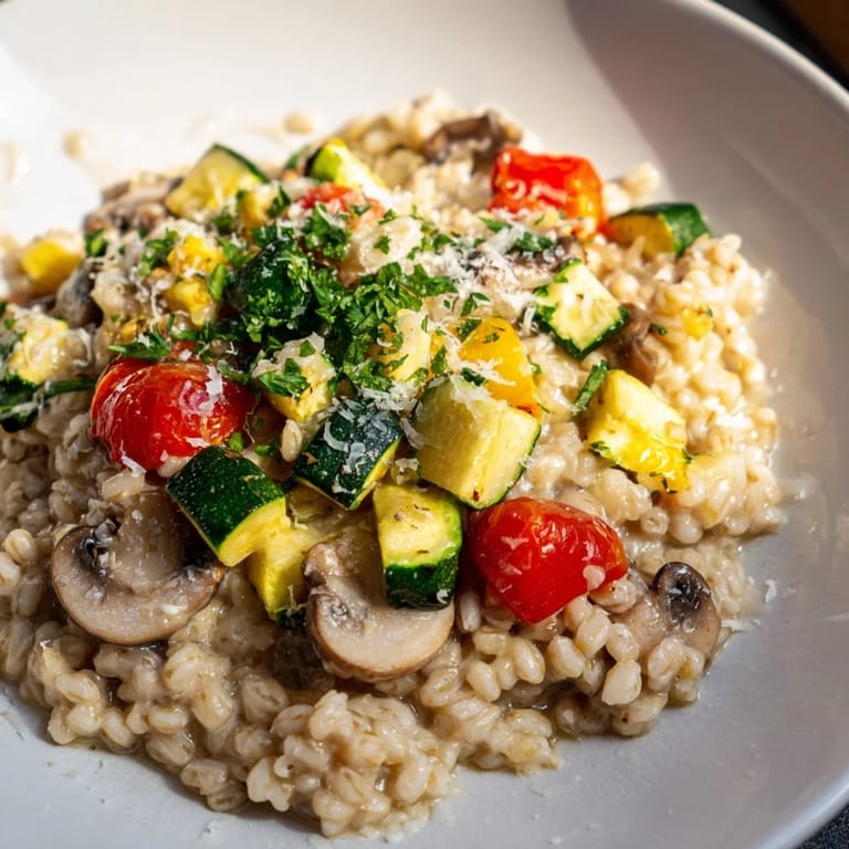 Close-up of a Pearled Barley Creamy Bowl with perfectly cooked barley and colorful roasted veggies.