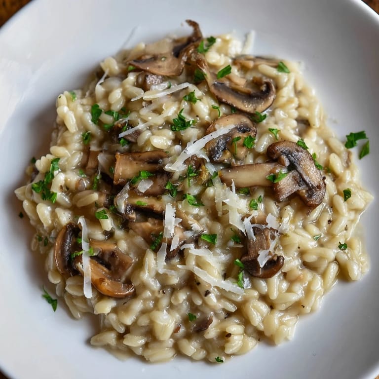 Earthy mushroom orzo risotto-style, cooked with vegetable broth and finished with fresh parsley garnish.