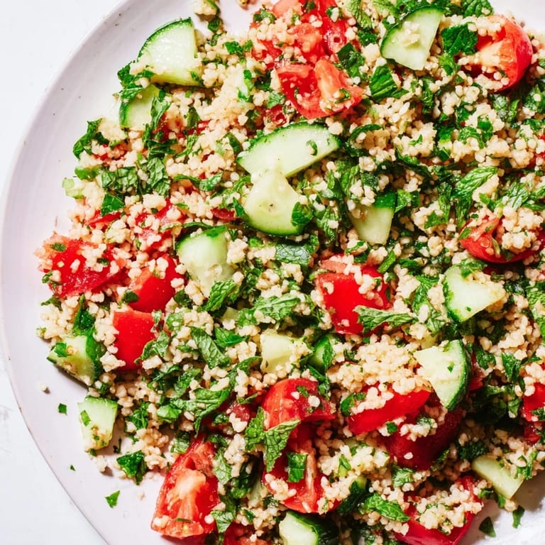 Text: See the freshly tossed Bulgur Wheat Salad Tabbouleh, light, with a lemon dressing and herbs.