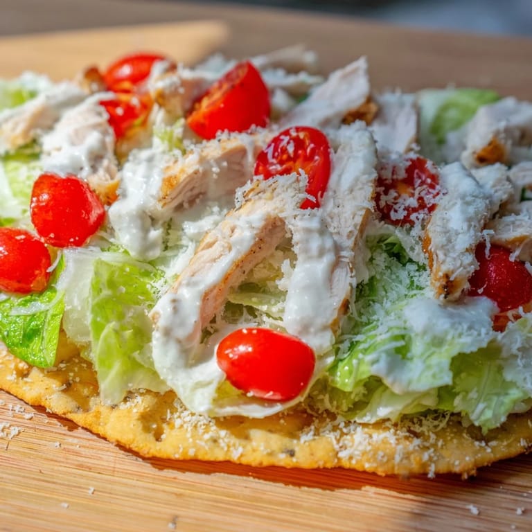 Sliced Caesar Chicken Flatbread on a rustic plate with lemon wedges, showcasing melted Parmesan and fresh salad topping.
