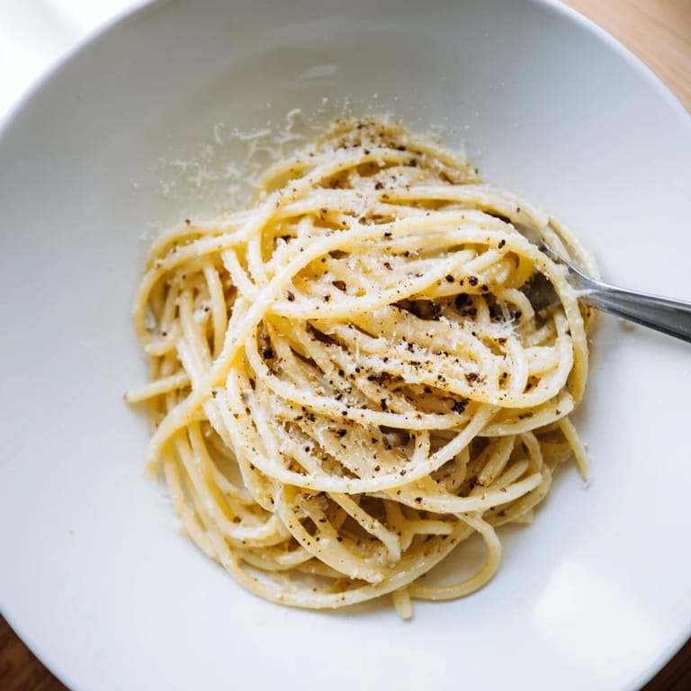 A close-up of Spaghetti Cacio e Pepe reveals a creamy, peppery sauce clinging to perfectly twirled pasta strands.  
