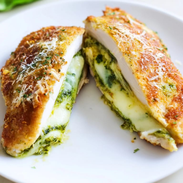 Freshly baked Mozzarella & Pesto Stuffed Chicken, cut open to reveal a gooey, melted cheese and pesto center.