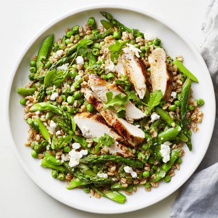 Bright lemon vinaigrette coats the wholesome Warm Spring Farro Chicken Salad with peas and arugula.  