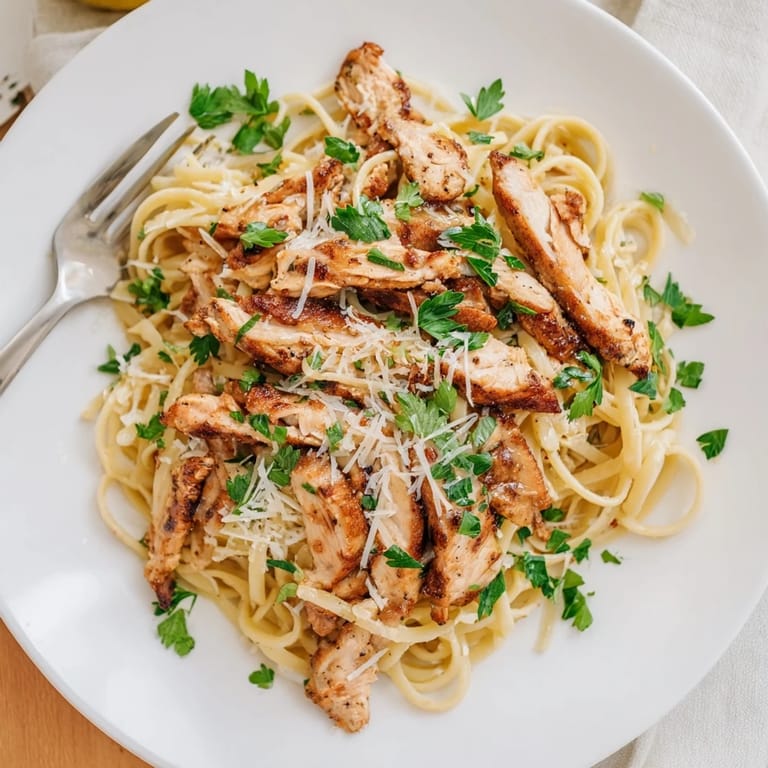 A close-up of Brown Butter Lemon Chicken Pasta shows nutty brown butter sauce clinging to spaghetti, chicken, and lemon zest.