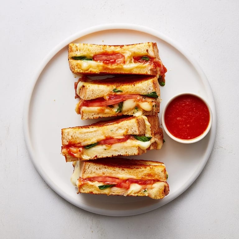 Crisp sourdough slices of Caprese Grilled Cheese Dippers, layered with mozzarella and basil, cut into dippable strips.