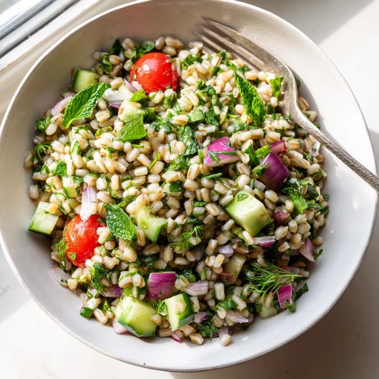Cooling Mediterranean barley and herb salad features juicy tomatoes, fresh herbs, and a glistening lemon vinaigrette in a rustic dish.