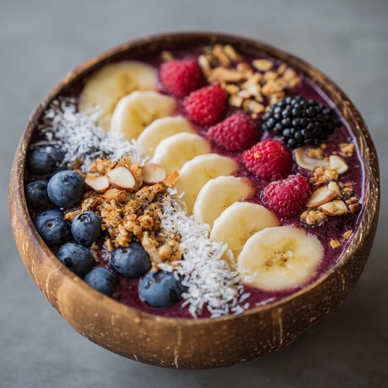 Thick, purple Acai Berry Smoothie Bowl garnished with chia seeds, coconut flakes, and pumpkin seeds for a nutritious breakfast.