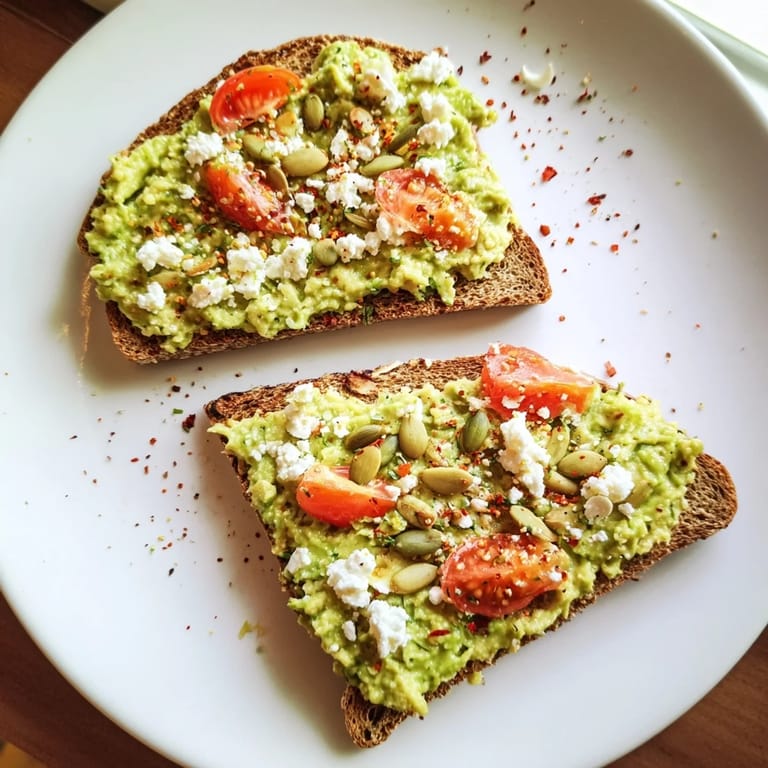 Ripe avocado mashes smoothly over toasted whole grain bread, topped with fresh tomato and seeds.