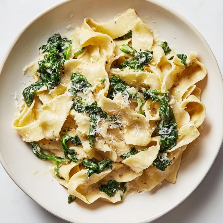 A close-up of Creamy Spinach Garlic Noodles, glistening with sauce and topped with fresh parsley beside a glass of white wine.  