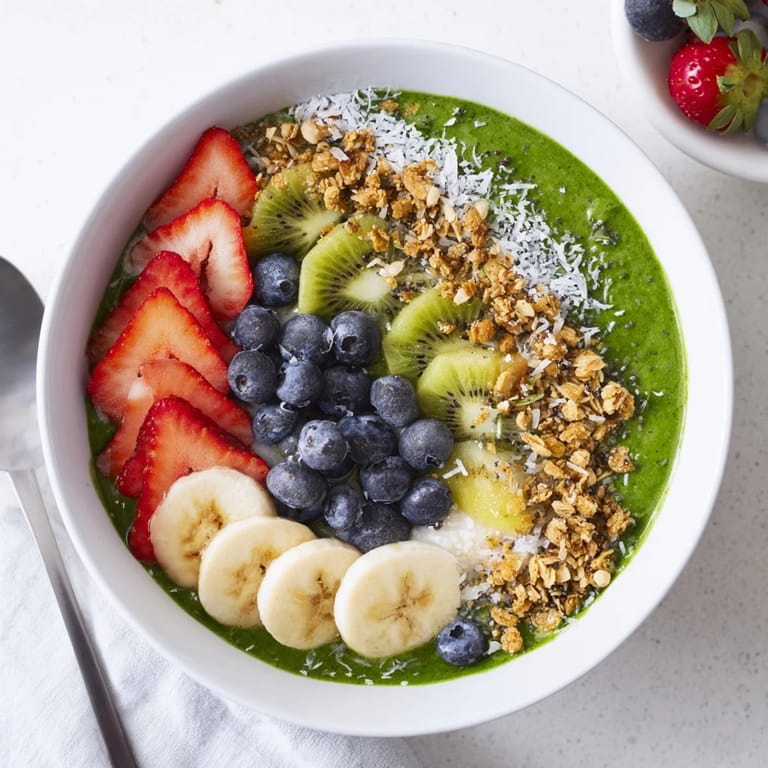 Two creamy Green Smoothie Bowls served with fresh berries, sliced bananas, and a sprinkle of chia seeds.