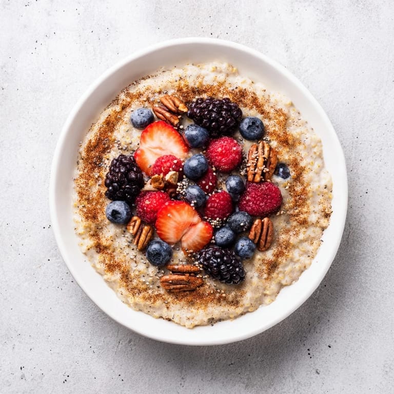 Fluffy millet porridge swirled with cinnamon and maple, piled high with juicy berries and chia seeds.