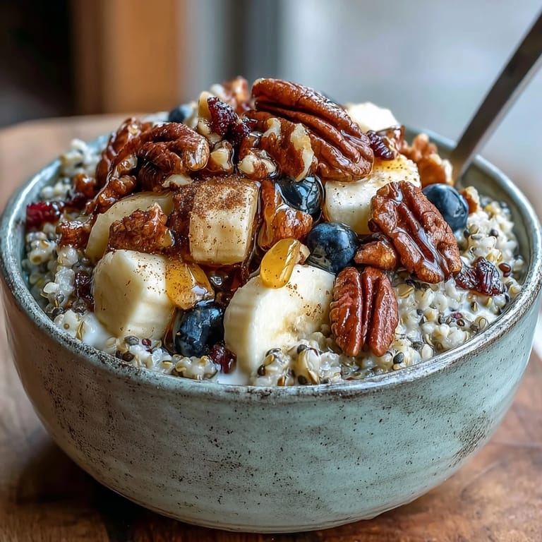 Hearty buckwheat groats breakfast adorned with colorful berries and toasted pecans.
