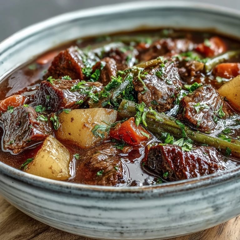 A comforting bowl of Beef and Vegetable Soup packed with carrots, potatoes, and green beans served with crusty bread.