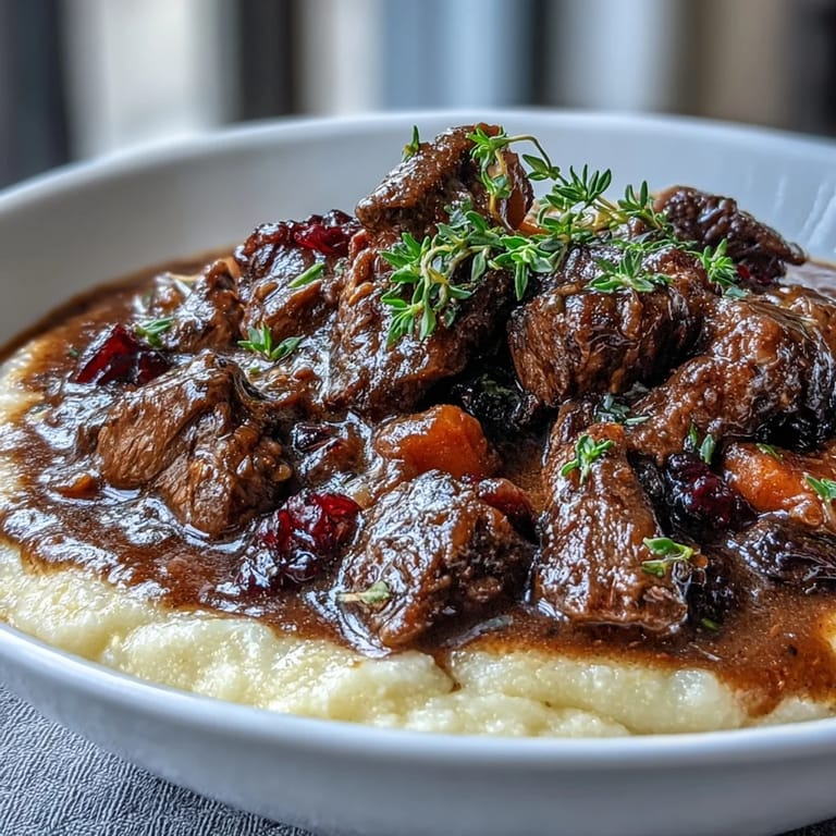 A hearty Venison Stew with Sloe Gin and Polenta, garnished with fresh thyme sprigs.