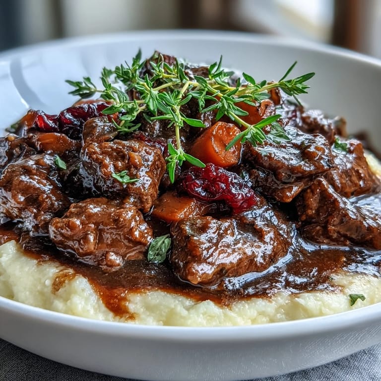 Dark, glossy Venison Stew with Sloe Gin and Polenta ladled onto a plate for a comforting winter meal.