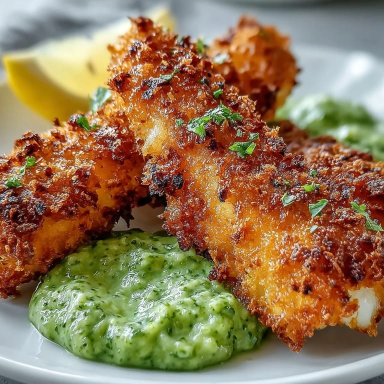 Crispy Haddock Goujons With Parmesan Crust rest on a plate, topped with a dollop of fresh pea pesto.