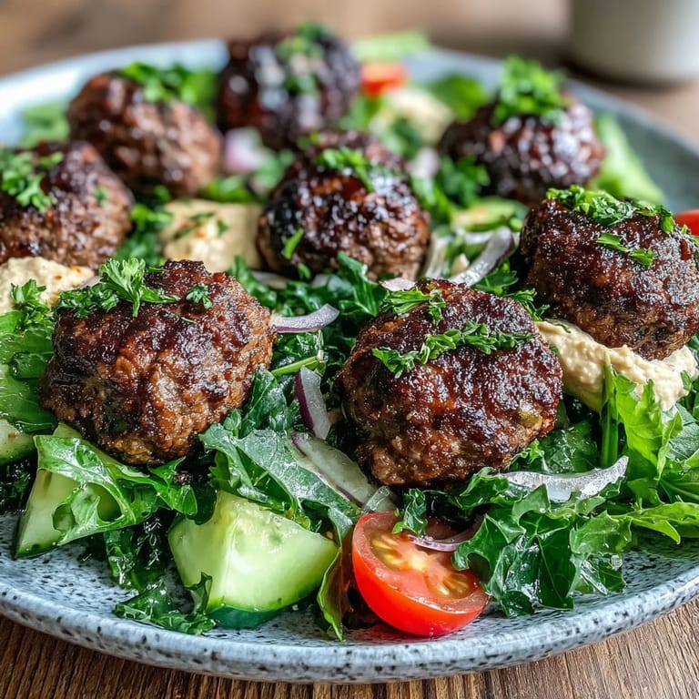 Close-up of tender spiced venison meatballs beside a bowl of smooth hummus and a bright, herb-filled salad.