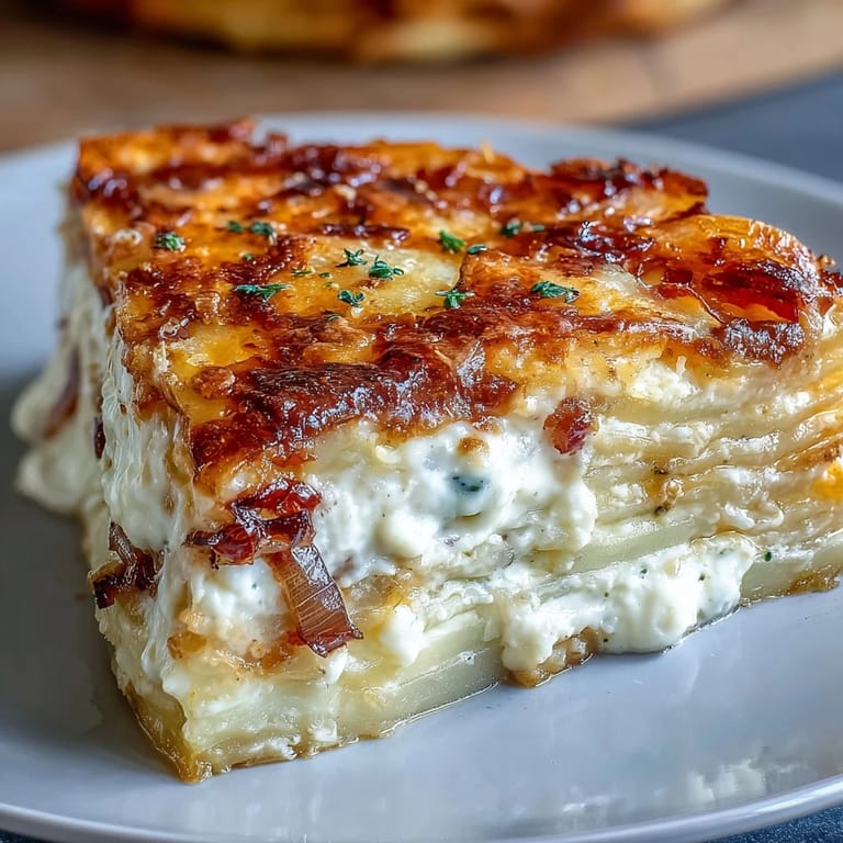 A close-up of creamy Cheese and Potato Pie, featuring golden crust and steaming, cheesy potato layers inside.