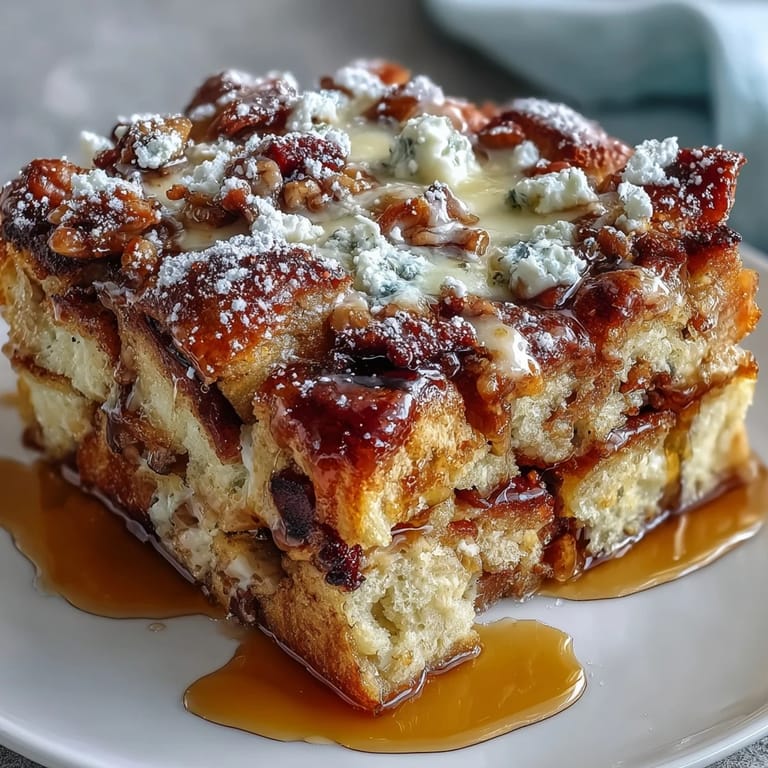 A fork lifts a bite of Monte Cristo Breakfast Casserole, showcasing cinnamon-vanilla soaked bread and savory meats.