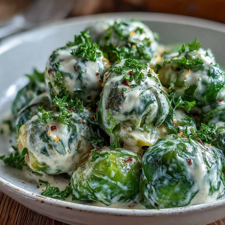 Golden brown Brussels sprouts in a cheesy cream cheese mustard sauce with garlic and onion, ready to serve alongside a hearty roasted meat dish.