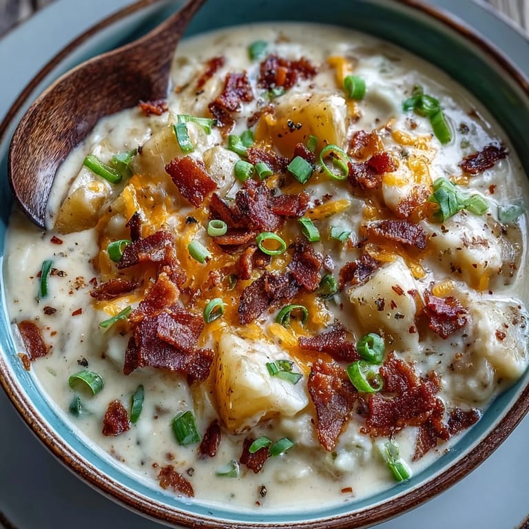 A comforting bowl of Loaded Potato Soup with velvety texture, served with cheesy garnish and crumbled bacon on top.