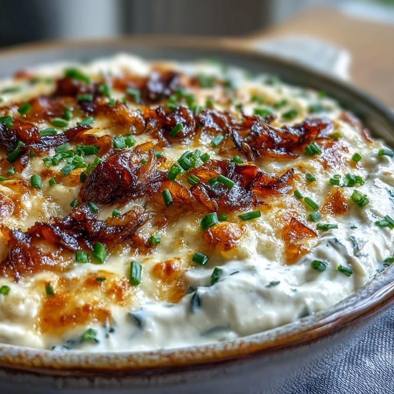Warm, creamy Smoked Gouda & Onion Dip served with crunchy tortilla chips for dipping.
