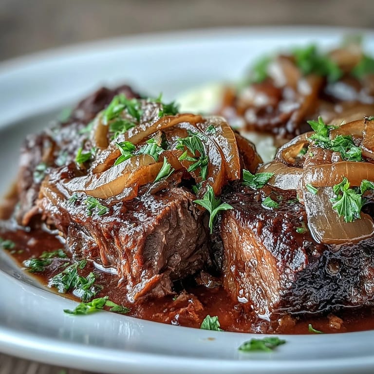 Close-up of Savory Crock Pot French Onion Pot Roast with bubbly cheese and fresh parsley garnish on a rustic table.