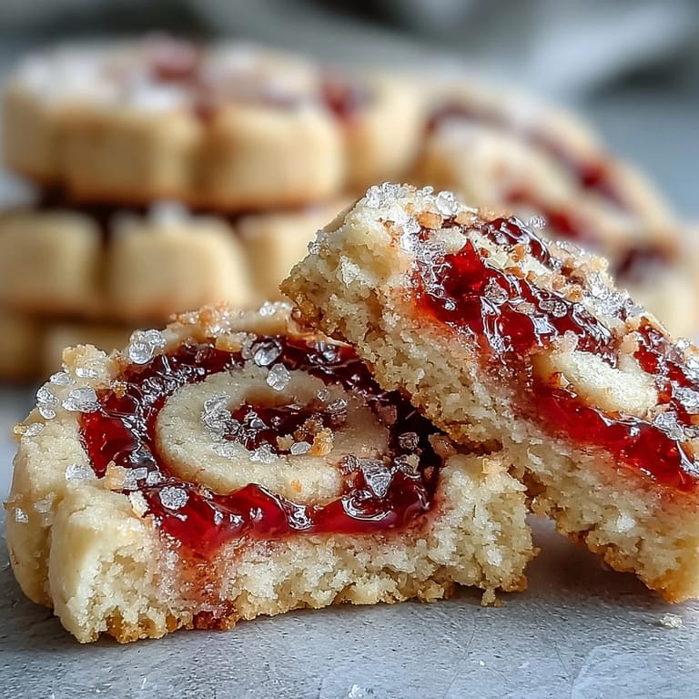 The buttery shortbread edges are crisp and pale, contrasting with the soft, jam-filled center.