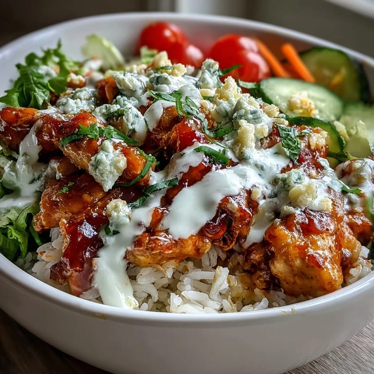 A vibrant American-style Buffalo Chicken Bowl garnished with parsley, featuring warm rice, vegetables, and a rich, buttery sauce.