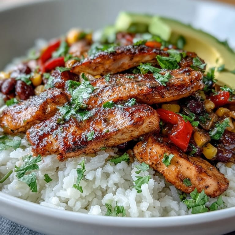Sliced avocado and fresh cilantro top this hearty Cajun Chicken Bowl, showcasing colorful peppers and lime wedges for a bright finish.