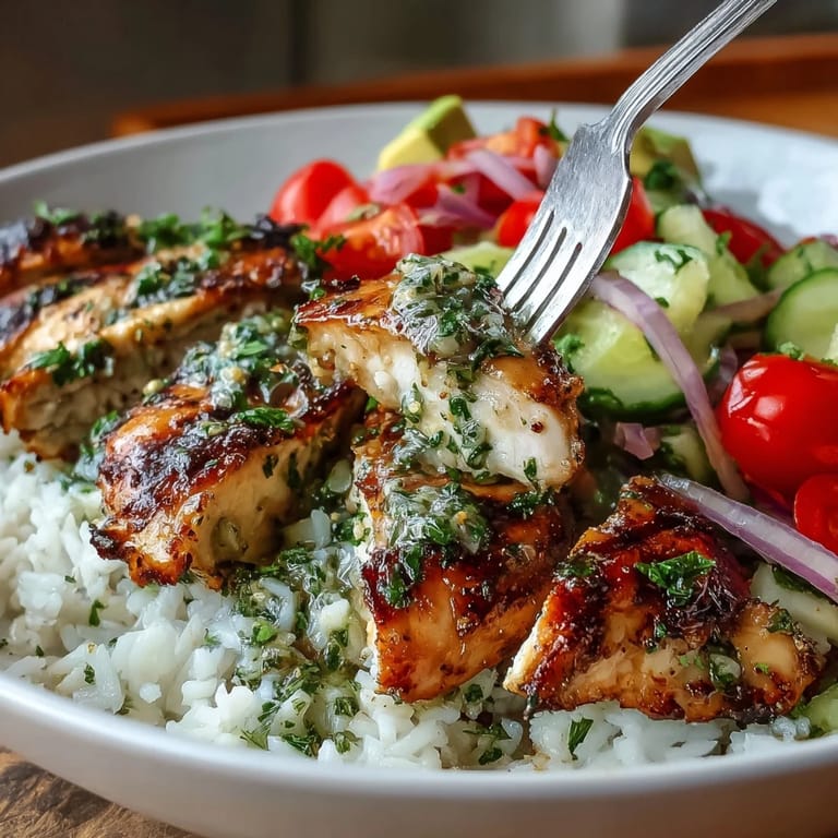 Sizzling chimichurri chicken slices resting on a bed of rice and cucumbers.