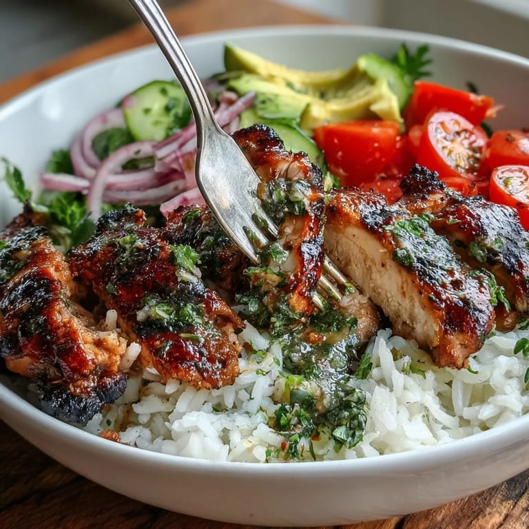 Zesty chimichurri chicken over colorful vegetables, red onion, and cilantro garnish.