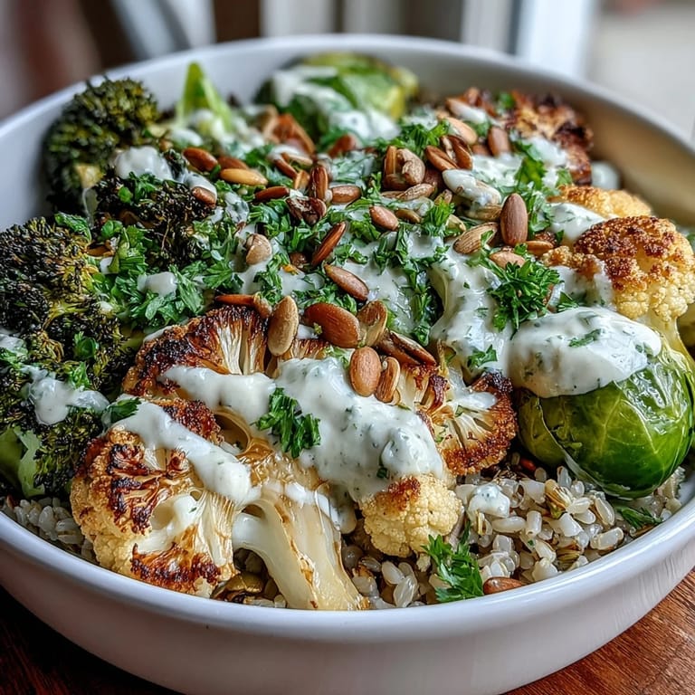 A warm Roasted Brassica Bowl topped with crisp-tender cauliflower and pumpkin seeds, served on a rustic plate.