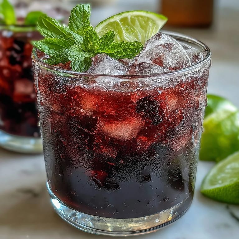 Close-up of a Black Currant Mojito featuring rum, muddled mint, and sparkling club soda over crushed ice.