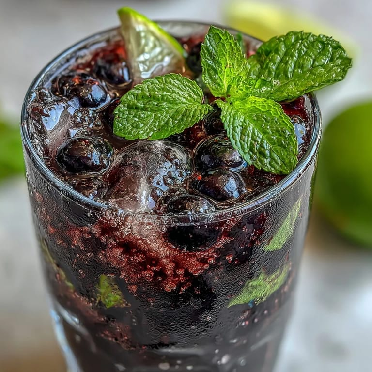 Close-up of a Black Currant Mojito showing muddled mint leaves and purple black currant jam swirled into the drink.