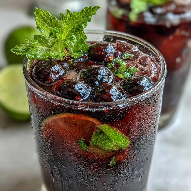 Two Tangy Blackcurrant Mojitos topped with mint sprigs and fresh berries, ready to serve on a summer day.