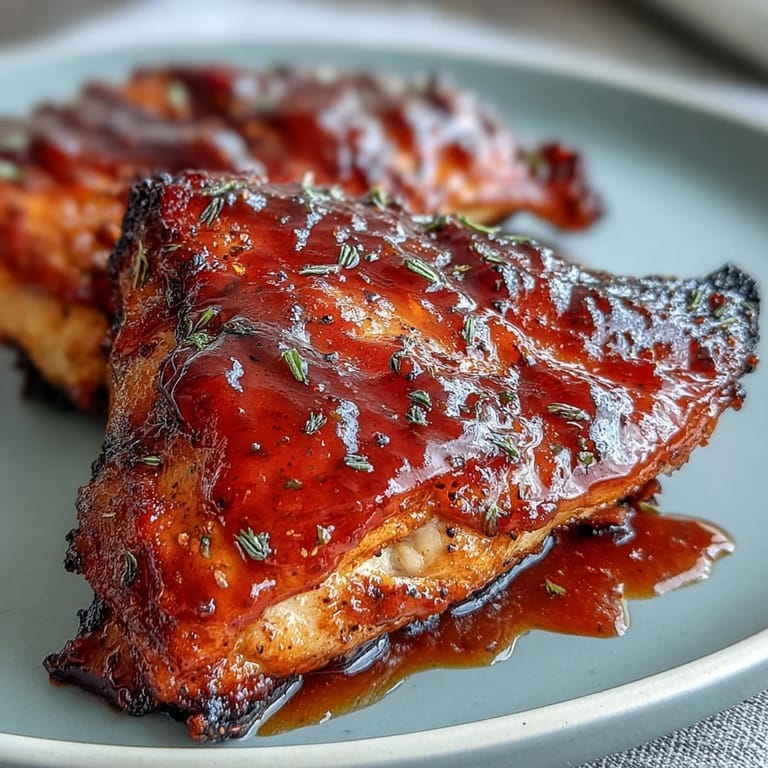 Roasted chicken thighs with sticky guava BBQ sauce on a rustic plate, paired with grilled pineapple and cilantro for a tropical dinner.